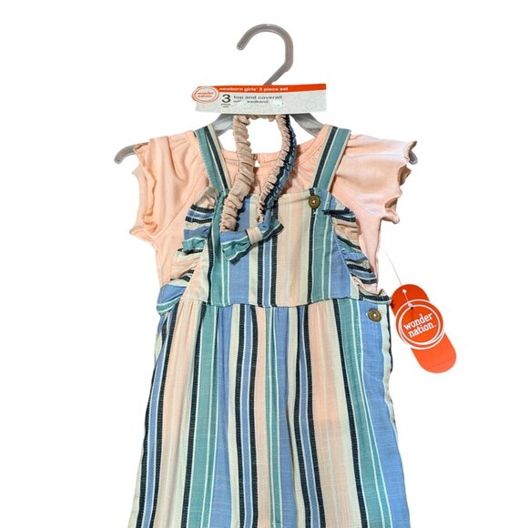 NWT Wonder Nation 3-Piece Cozy Toddler Style Peach Top Striped Overalls SZ 12M - Picture 2 of 5
